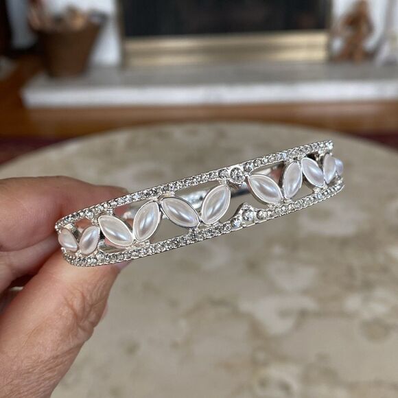 Anne Klein Silver Tone & Pearls Hinged Cuff Bracelet - Picture 3 of 9